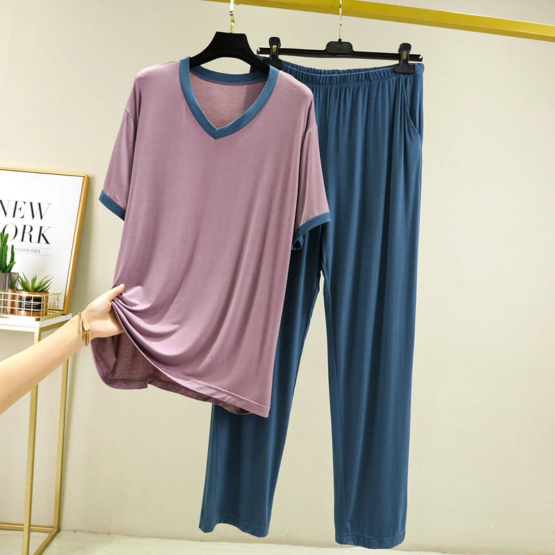 4XL-6XL Women's Sleepwear Short Sleeve Trousers Two Piece Set V Neck Summer Home Clothes Loose Modal Nightwear Pijamas Suit