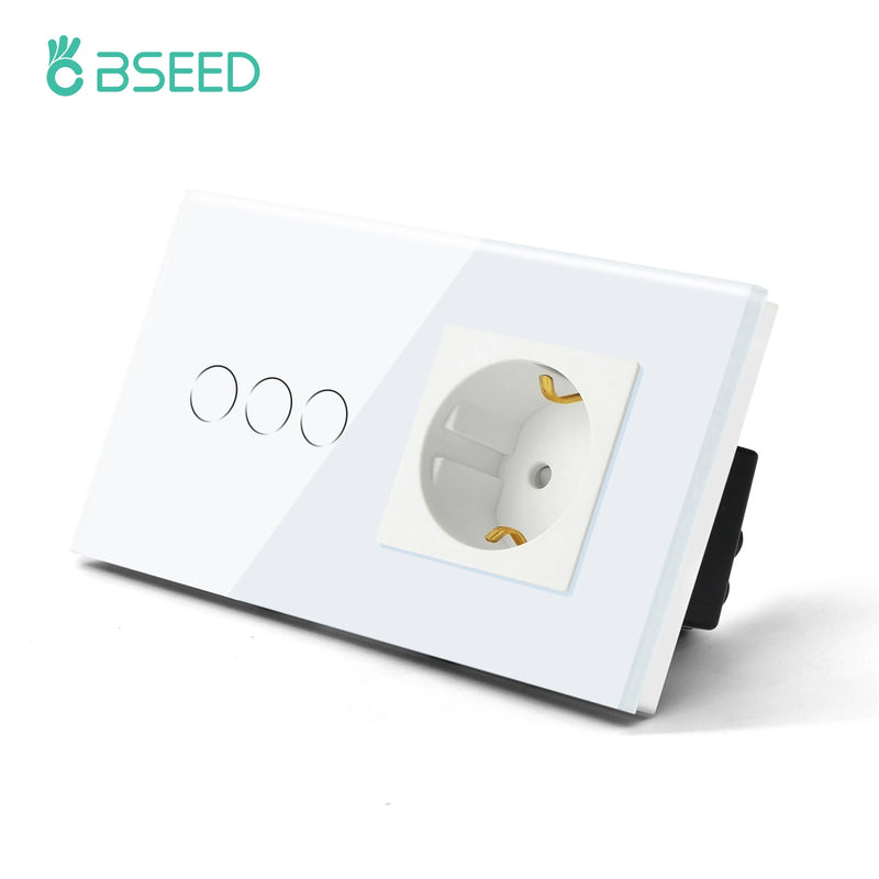 BSEED Touch Light Switch Wall EU Socket 1/2/3Gang 1Way Touch Switch Power Outlet Max.Load 300W/Gang Glass Panel Wall Switch