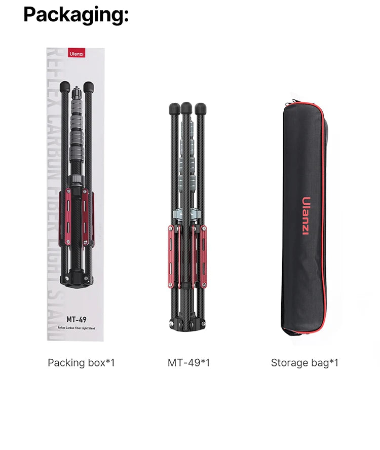 ជើងកាមេរ៉ា Ulanzi MT-49 ទម្ងន់ស្រាល ធ្វើពីសរសៃកាបូន ជាមួយនឹងជើងទម្រដែលអាចដោះចេញបាន អតិបរមា 194 សង់ទីម៉ែត្រ ពង្រីកជើងទម្រភ្លើង សម្រាប់កាមេរ៉ា DSLR វីដេអូភ្លើង