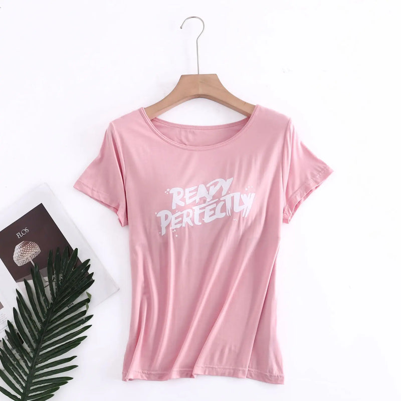 Fdfklak Letter Print Modal Sleepwear Tops Casual Sleep T Shirt Bra Padded Short Sleeve Home Clothes One Piece Pajamas Women