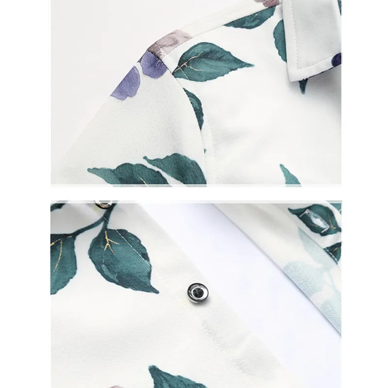 Men's White Small Stretch Long Sleeve Printed Shirt, Single Breasted Square Collar Shirts, Casual Camisa Male Chemise, New 2026