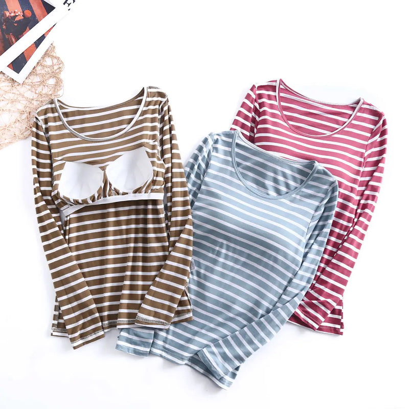 Fdfklak Casual Bra Padded Women Sleep Tops Large Size Modal Cotton Sleepwear Pajamas One Piece Long Sleeve Ladie's Base Shirt