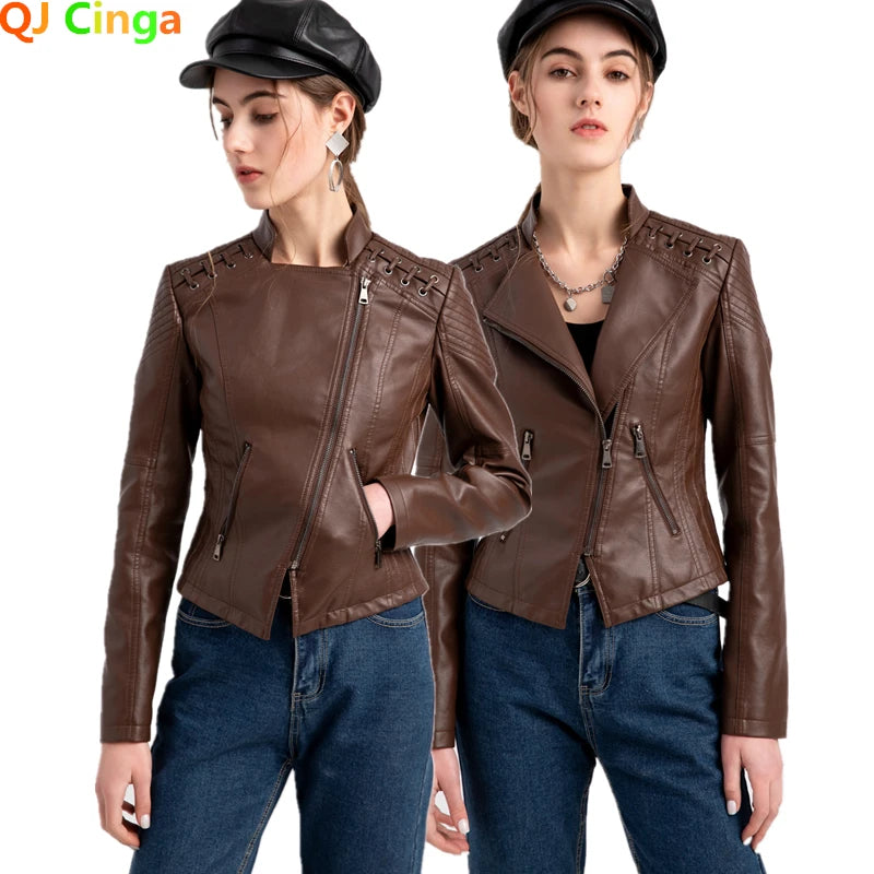 Short Brown Women's Purple Long Sleeve PU Coat, Fashion Motorcycle Women Leather Jacket, Autumn Black Lady's Jaqueta