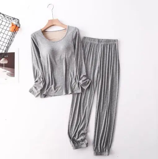 Spring Autumn Sleepwear Women New Modal Cotton Pajamas Set Bra Padded Long Sleeve Trousers Two Piece Suit Comfortable Home Wear