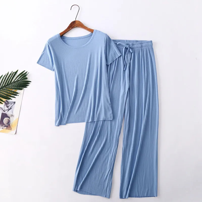 Fdfklak Pijama Mujer New Comfortable Modal Cotton Sleepwear Women Spring Summer Short Sleeve Trousers Set 2025 Pajama Sets