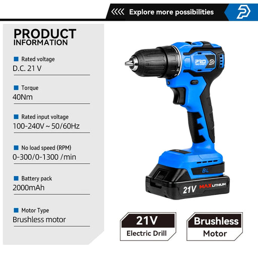Brushless Mini Electric Screwdriver 21V Cordless Drill 40NM 2.0Ah Battery Household Power Tools 5pcs Bits by PROSTORMER