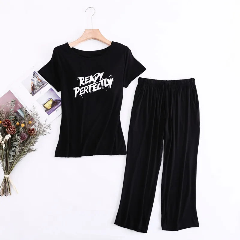 Letter Print Modal Suit Female Short Sleeve Cropped Pant Pajamas For Women Spring Summer Sleepwear Bra Padded Cotton Home Set