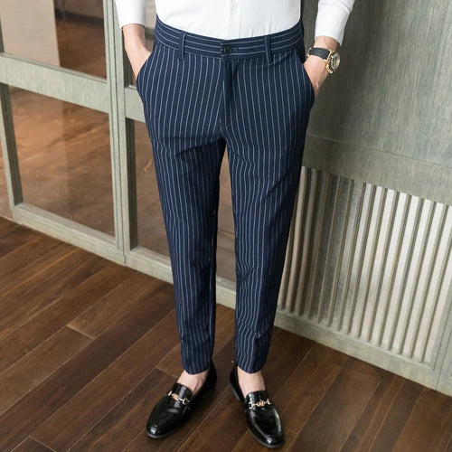 Men's White Vertical Stripes Suit Pants, Blue Black Trousers, Fashion Slim Pant Business Pantalones Hombre Autumn New Slacks