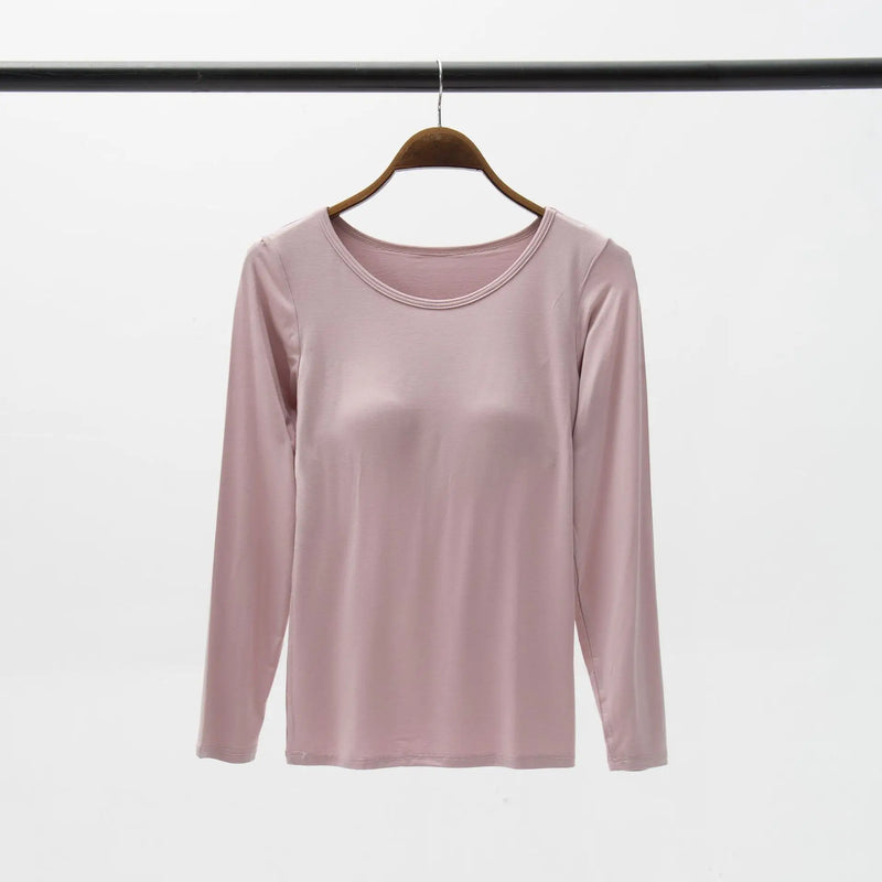 Casual Bra Pad One Piece Pajamas For Women Sleepwear T-shirt Spring Autumn Sleep Tops Long Sleeve Bottoming Night Shirt S-3XL