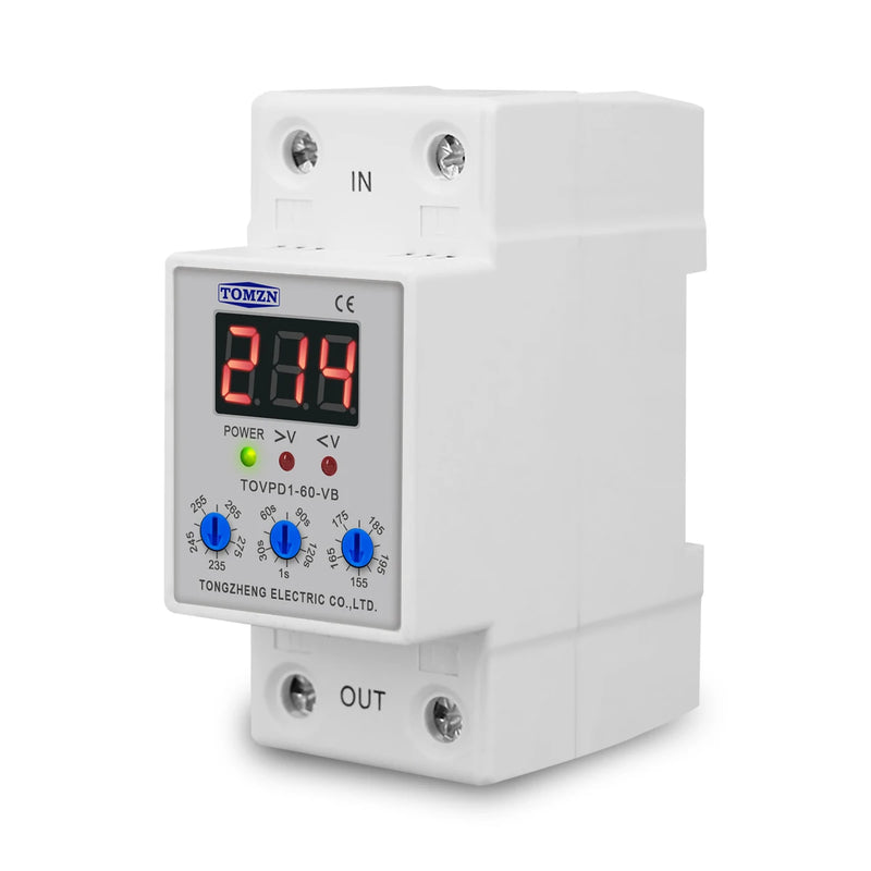 TOMZN LED Display 230V 40A 60A DIN Rail Adjustable Over Under Voltage Current Protective Device Protector Relay with Button