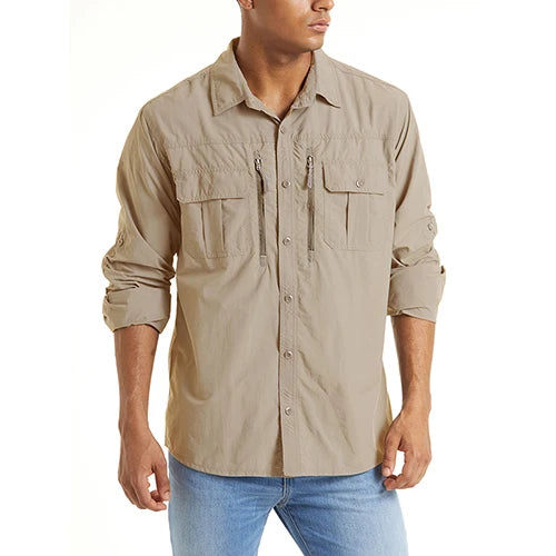 TACVASEN Summer Cargo Shirts Men's Mesh Breathable Long Sleeve Multi-Pockets Work Shirts Quick Dry Hiking Fishing Shirt Outdoor