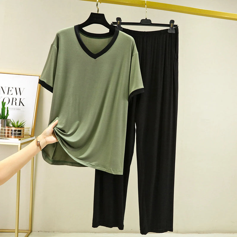 4XL-6XL Women's Sleepwear Short Sleeve Trousers Two Piece Set V Neck Summer Home Clothes Loose Modal Nightwear Pijamas Suit