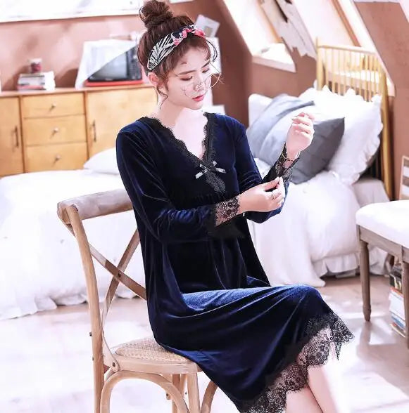 Sexy Lace Casual V-Neck Autumn Night Dress Women Gold Velvet Warm Spring Nightgowns Long Sleeve Loose Sleepwear Home Clothes