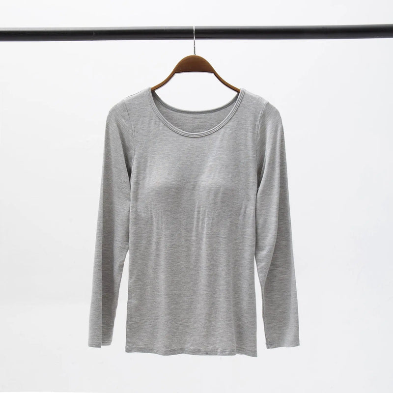 Casual Bra Pad One Piece Pajamas For Women Sleepwear T-shirt Spring Autumn Sleep Tops Long Sleeve Bottoming Night Shirt S-3XL