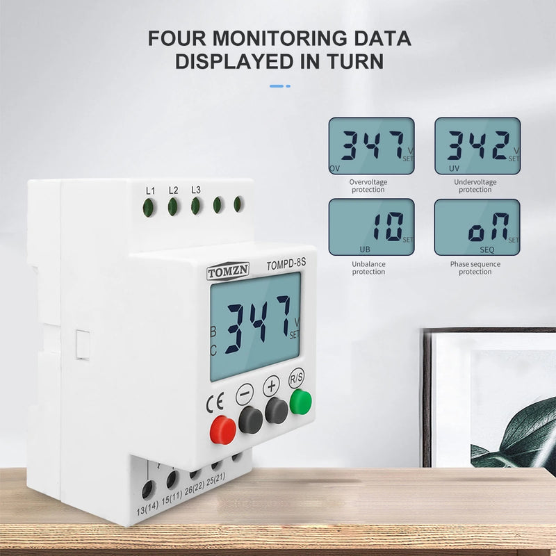 TOMZN 3 Phase Din Rail Voltage Monitoring Sequence Protection Relay Adjustable Under Over Voltage Protector
