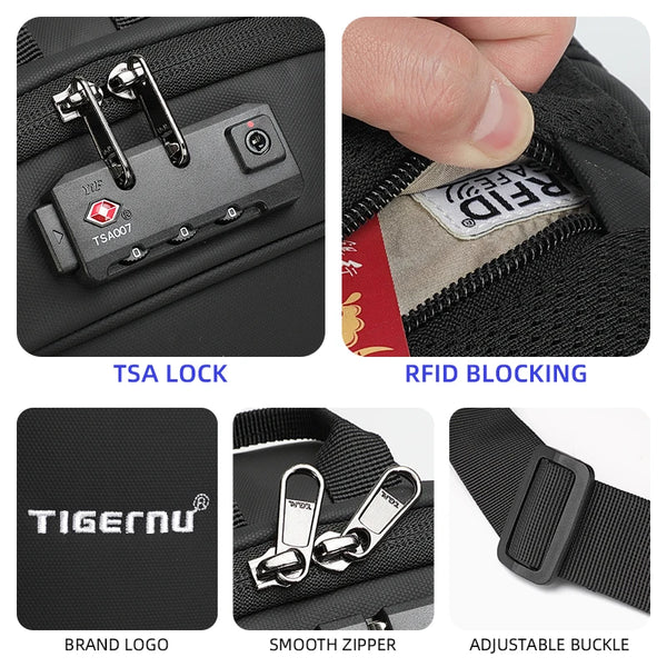 Tigernu Fashion Chest Bags Men High Quality Crossbody Bag Splashproof Chest Bag Anti-theft USB Charging Casual Shoulder Bag Male