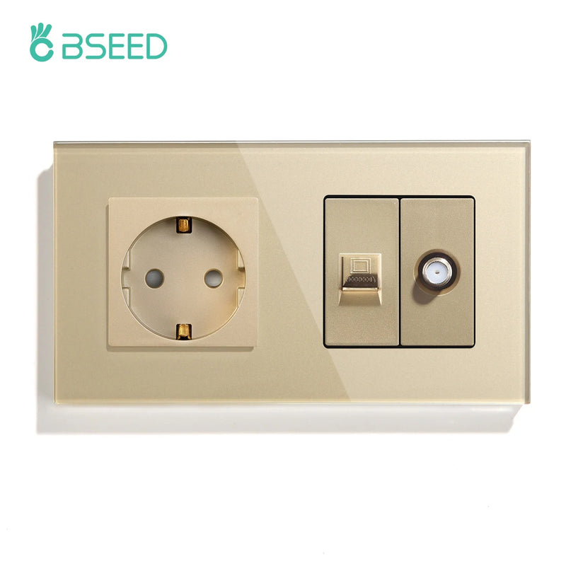 BSEED Double EU Standard Wall Plug 16A 100-250V With CAT5 Computer Network Power Sockt Satellite Antenna Outlet 157*86mm