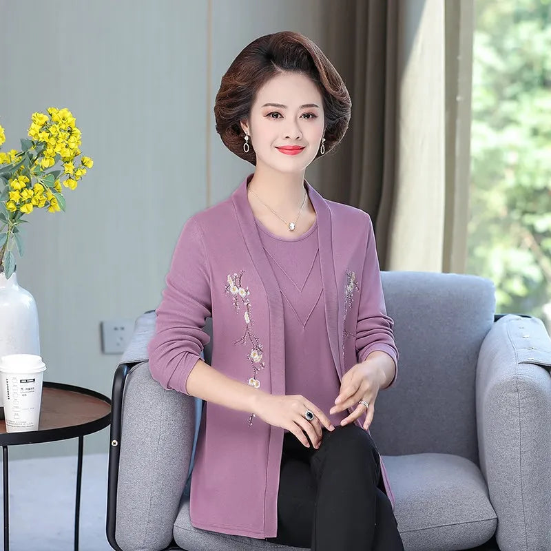 ឈុតពីរដុំសម្រាប់ម្តាយវ័យកណ្តាល អាវធំស្តើងសម្រាប់ស្ត្រី និទាឃរដូវ រដូវស្លឹកឈើជ្រុះ អាវប៉ាក់ដៃវែង