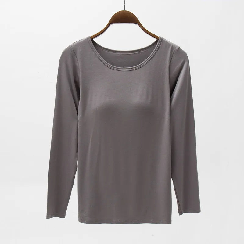 Casual Bra Pad One Piece Pajamas For Women Sleepwear T-shirt Spring Autumn Sleep Tops Long Sleeve Bottoming Night Shirt S-3XL