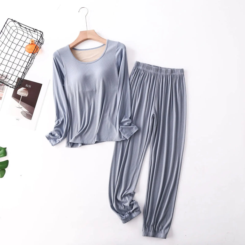 Spring Autumn Sleepwear Women New Modal Cotton Pajamas Set Bra Padded Long Sleeve Trousers Two Piece Suit Comfortable Home Wear