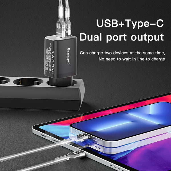 ឆ្នាំងសាក Essager USB Type C លឿន 30W QC PD 3.0 អាដាប់ទ័រចល័តពីររន្ធសម្រាប់ iPhone 16 15 14 iPad Xiaomi ឆ្នាំងសាកជញ្ជាំងលឿន