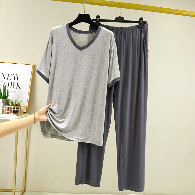 4XL-6XL Women's Sleepwear Short Sleeve Trousers Two Piece Set V Neck Summer Home Clothes Loose Modal Nightwear Pijamas Suit