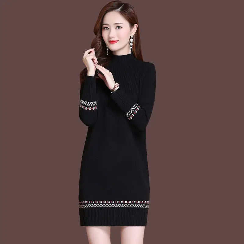 Fdfklak Warm Woolen Sweater Dress Women's Fall/Winter Long Sweater Thicken Half High Neck Knitted Bottoming Shirt Pull Femme