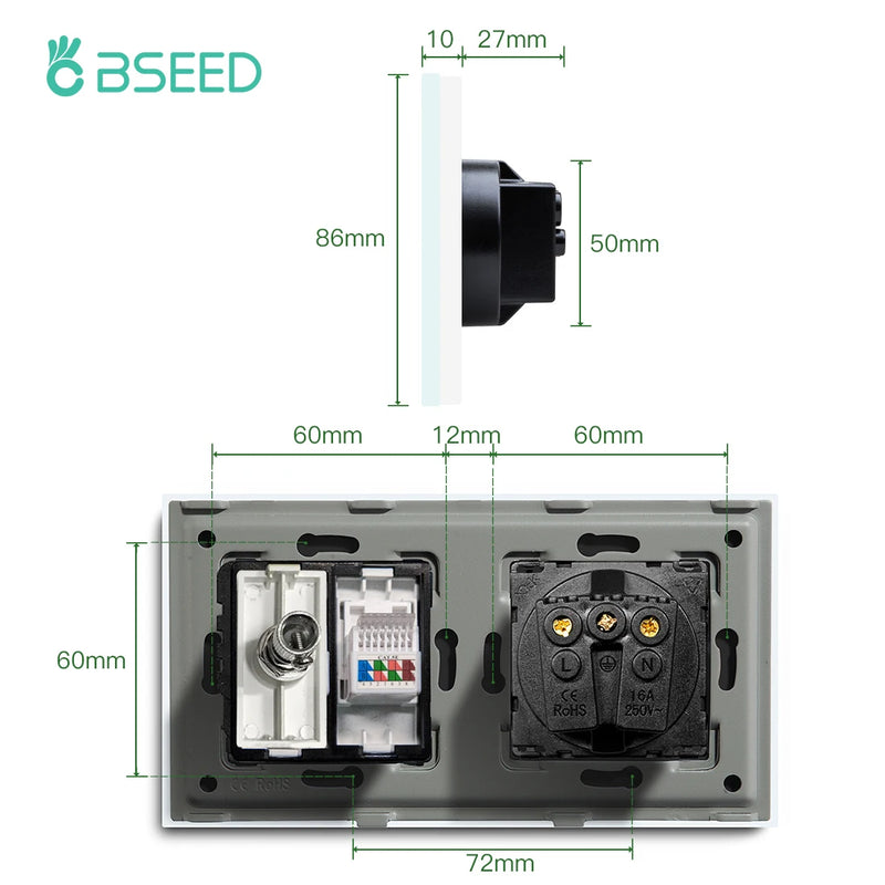 BSEED Double EU Standard Wall Plug 16A 100-250V With CAT5 Computer Network Power Sockt Satellite Antenna Outlet 157*86mm