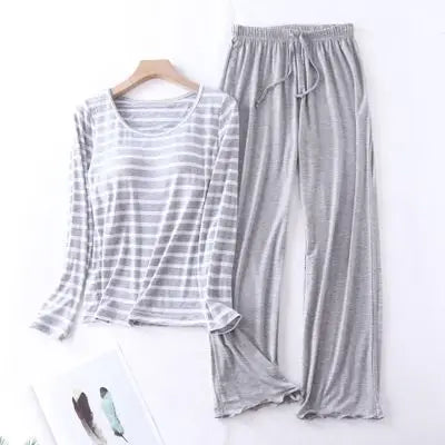 Casual Loose Pajamas for Women Long Sleeve Spring Autumn Pijamas Womens Sleepwear Bra pad Stripe Modal Ladies Set Pyjama Femme
