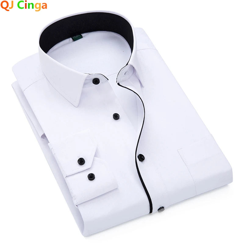 2026 New Men's Black-White Patchwork Long Sleeve Shirt, Business Office Shirts, Sky Blue Slim Fit Camisa/Chemise S-5XL