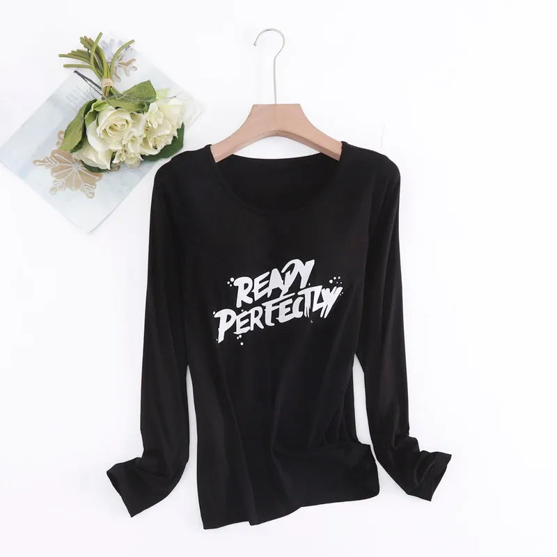 Spring Autumn Comfortable Sleepwear Women Shirt Casual Letter Print Sleep Tops Bra Padded Modal One Piece Pajamas Female