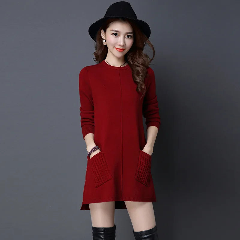 Fdfklak Autumn Winter Sweater New Women's Solid Color Loose Pullover Tops Long-Sleeved Pocket Knit Sweaters Dress Pull Femme 3XL