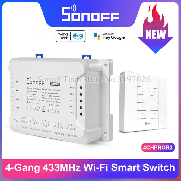 SONOFF 4CHPROR3 4 Gang 433Mhz RF Smart Switch Interlock Self-Locking Inching Modes Remote Control via eWeLink APP Alexa IFTTT