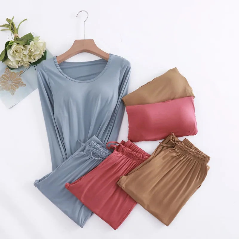 Modal Pajamas Sets Women Casual Bra Pad Sleepwear Suits Spring Autumn Long-Sleeved Home Clothing Winter Ladies Pyjama Lingeries