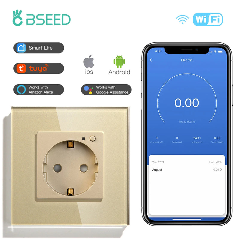 BSEED EU Electrical Wifi Smart Socket Wall Plug With Power Monitor Timing Function Tuya Alexa Smart Home Wireless Control 16A