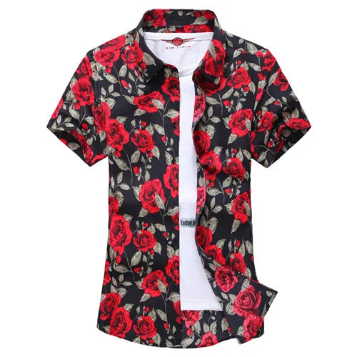 2026 Summer White Printed Short Sleeved Shirt for Men, Hawaii Rose Flower Shirts Hawaiian Vacation Camisa Chemise Big Size S-7xl
