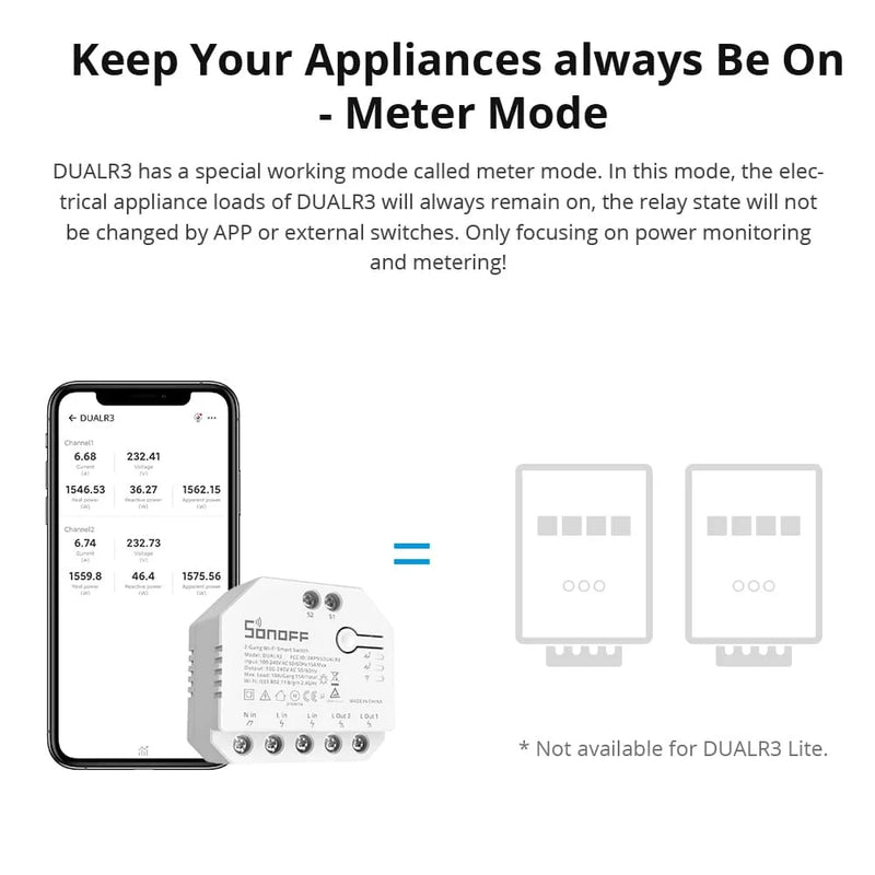 SONOFF DUALR3 / DUALR3 Lite 2 Gang Dual Relay Module DIY Wi-Fi MINI Smart Switch Power Metering Control via eWeLink Alexa Google