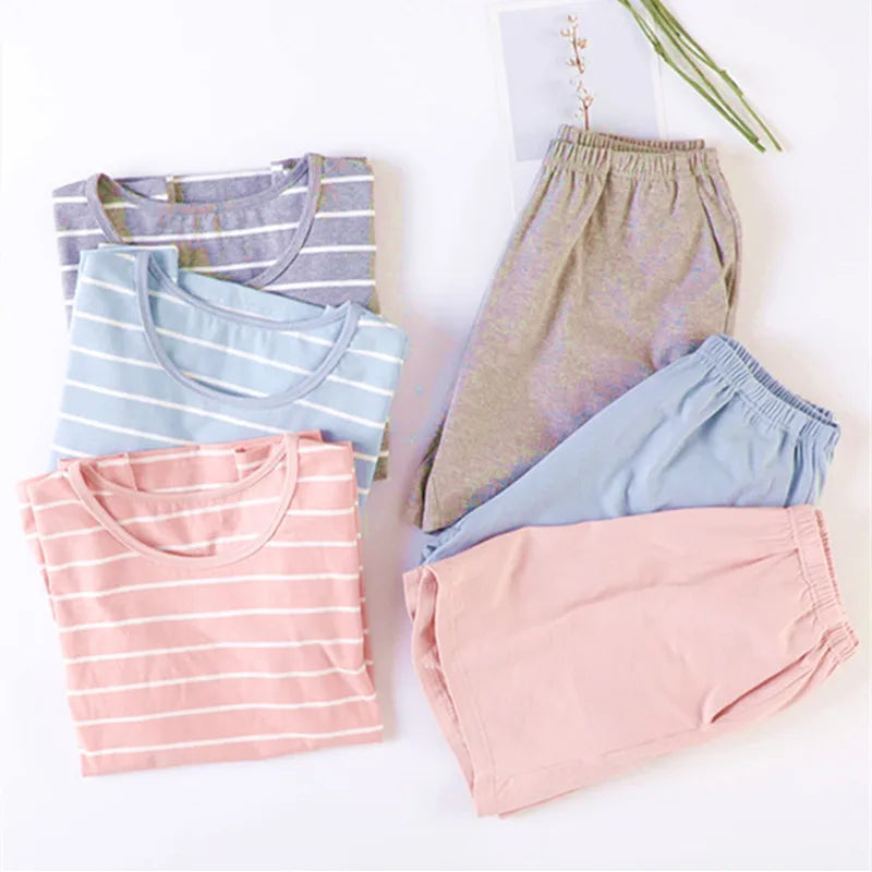 Fdfklak Good quality cotton pajamas women short sleeve striped pijamas set summer girl's sleepwear pajama new pyjama femme