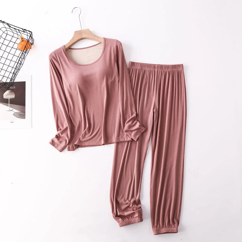 Spring Autumn Sleepwear Women New Modal Cotton Pajamas Set Bra Padded Long Sleeve Trousers Two Piece Suit Comfortable Home Wear