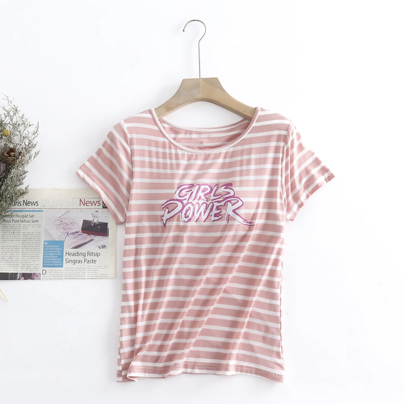 Fdfklak Pyjama Pour Femme New Fashion Striped Sleep Tops Women Chest Pad Modal Sleepwear Shirt Summer One Piece Lady Pajamas