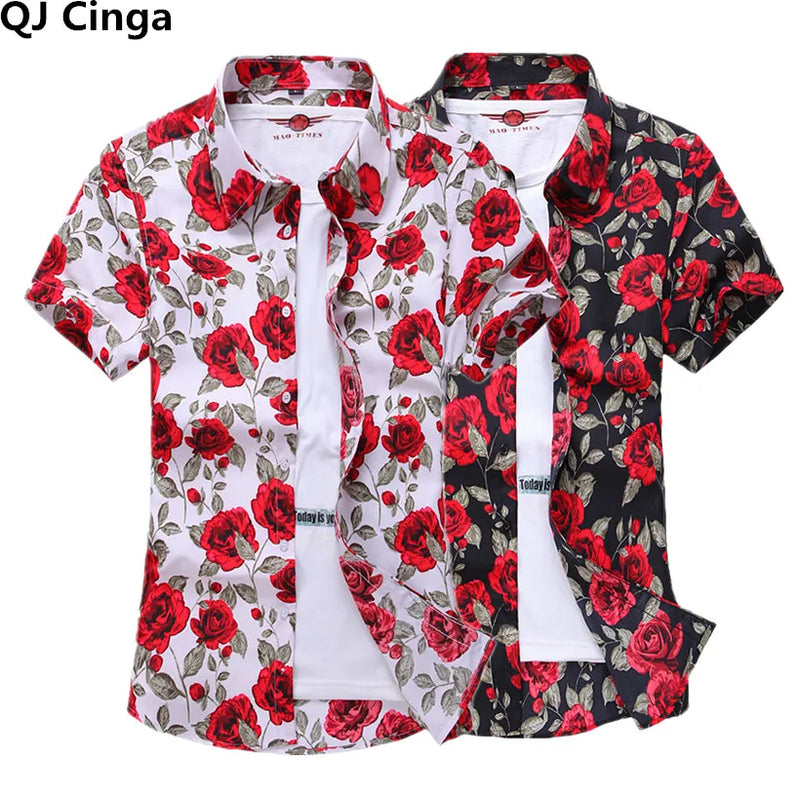 2026 Summer White Printed Short Sleeved Shirt for Men, Hawaii Rose Flower Shirts Hawaiian Vacation Camisa Chemise Big Size S-7xl