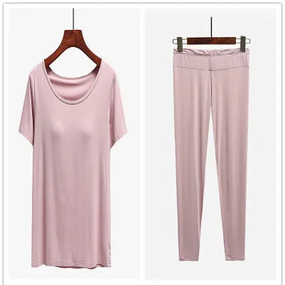 Modal cotton pijamas women chest pad short-sleeved trousers suit female pajamas sleepwear set tight elastic nightwear pyjama 3XL