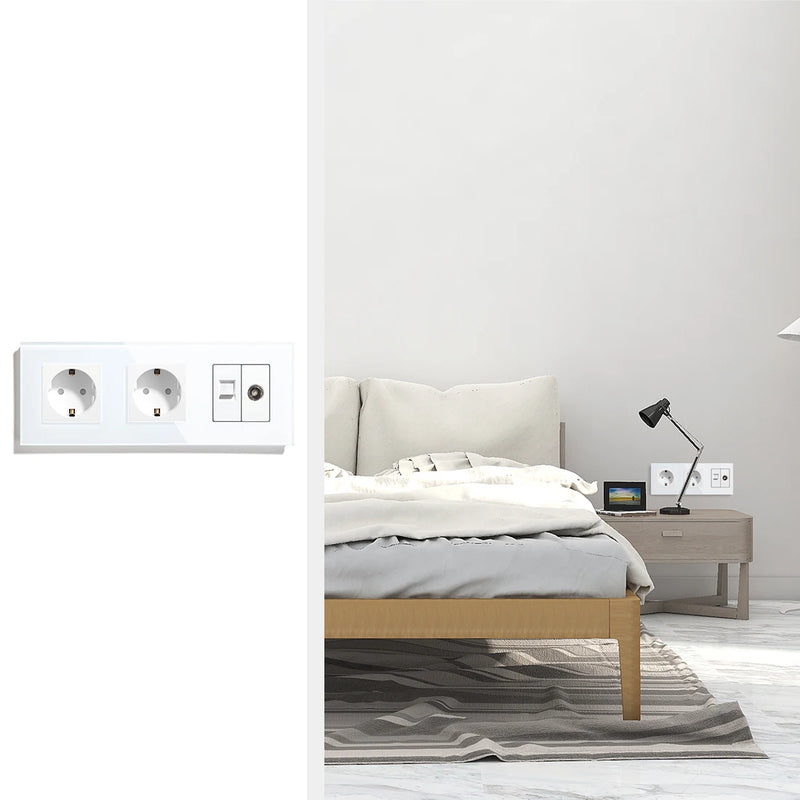BSEED Double EU Wall Sockets Power Outlets White Black Golden Crystal TV Sockets Power CAT5 Internet Socket Kids Protection 16A