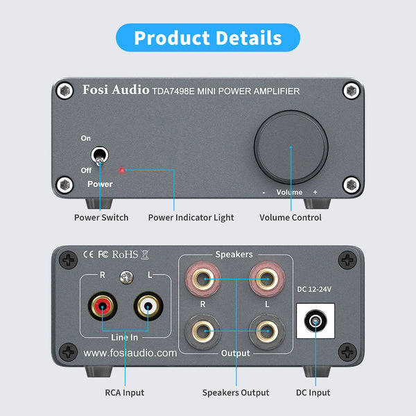 ឧបករណ៍ពង្រីកសំឡេង Fosi Audio TDA7498E 2 ឆានែល ឧបករណ៍ទទួលសំឡេង មីនី ហៃហ្វាយ អំពែរ ឧបករណ៍បំពងសម្លេងរោងភាពយន្តនៅផ្ទះ 160W x 2 អំពែរ