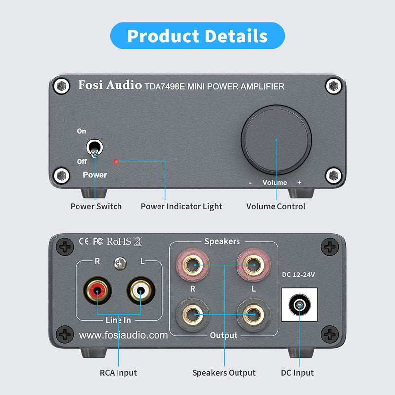 ឧបករណ៍ពង្រីកសំឡេង Fosi Audio TDA7498E 2 ឆានែល ឧបករណ៍ទទួលសំឡេង មីនី ហៃហ្វាយ អំពែរ ឧបករណ៍បំពងសម្លេងរោងភាពយន្តនៅផ្ទះ 160W x 2 អំពែរ