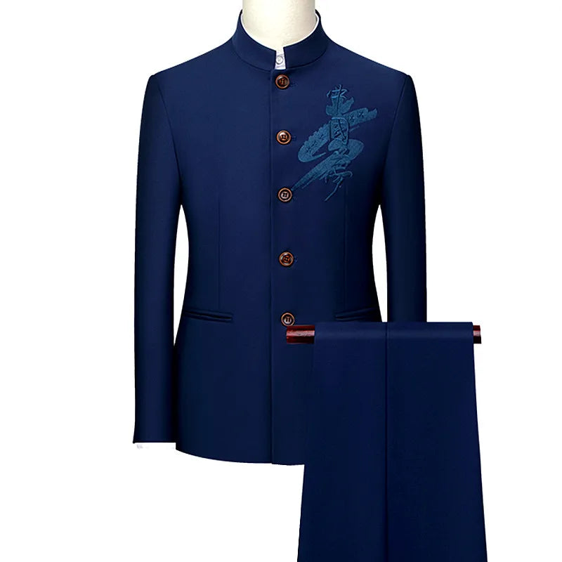 Men's White Stand Collar Chinese Style Slim Fit Two Piece Suit Set / Men Zhong Shan Blazer Jacket Coat Pants Trousers 2 Pcs 7XL