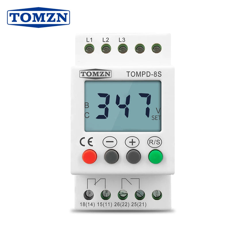TOMZN 3 Phase Din Rail Voltage Monitoring Sequence Protection Relay Adjustable Under Over Voltage Protector
