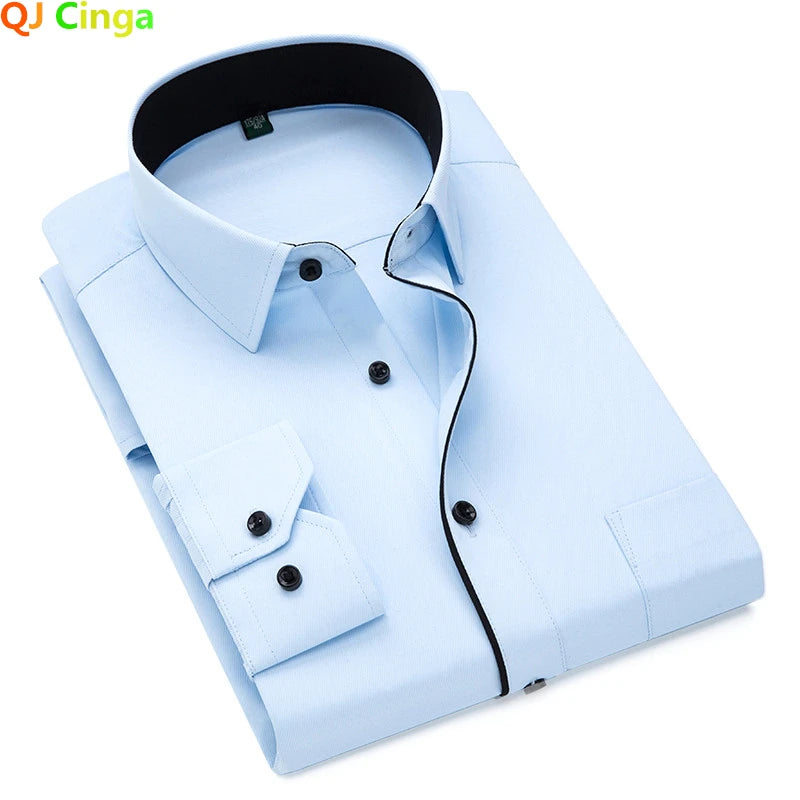 2026 New Men's Black-White Patchwork Long Sleeve Shirt, Business Office Shirts, Sky Blue Slim Fit Camisa/Chemise S-5XL