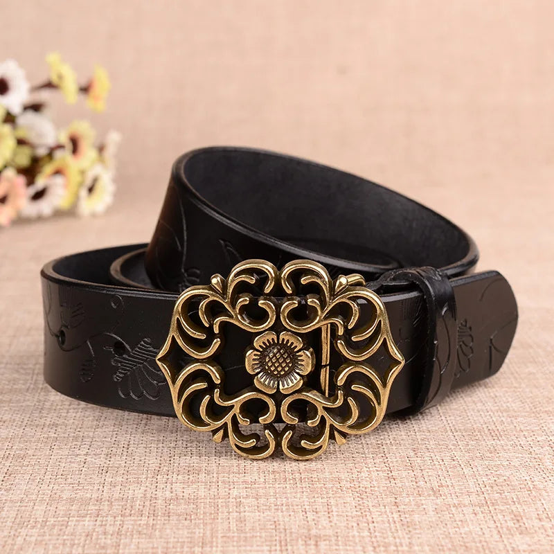 Sunflower Pattern Needle Buckle Belt Women Brown Fashion Business Women's Belts White Black Cinturon Red Yellow