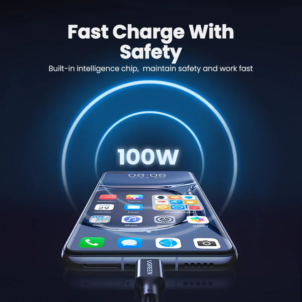 ខ្សែសាក UGREEN 6A 100W SCP Type C សម្រាប់ទូរសព្ទ Huawei Honor សាកថ្មលឿន USB-C ខ្សែសាកទិន្នន័យ Huawei Super Charge